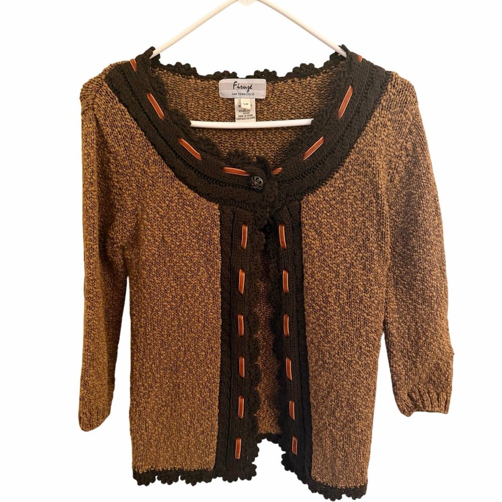 Firenze Small Brown 3/4 Sleeve Sweater Button Ribbon Crochet Accents Grannycore